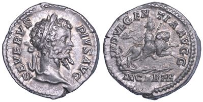 Settimio Severo, Denario 203 d.C., Dea Caelestis su cavallo con leone
