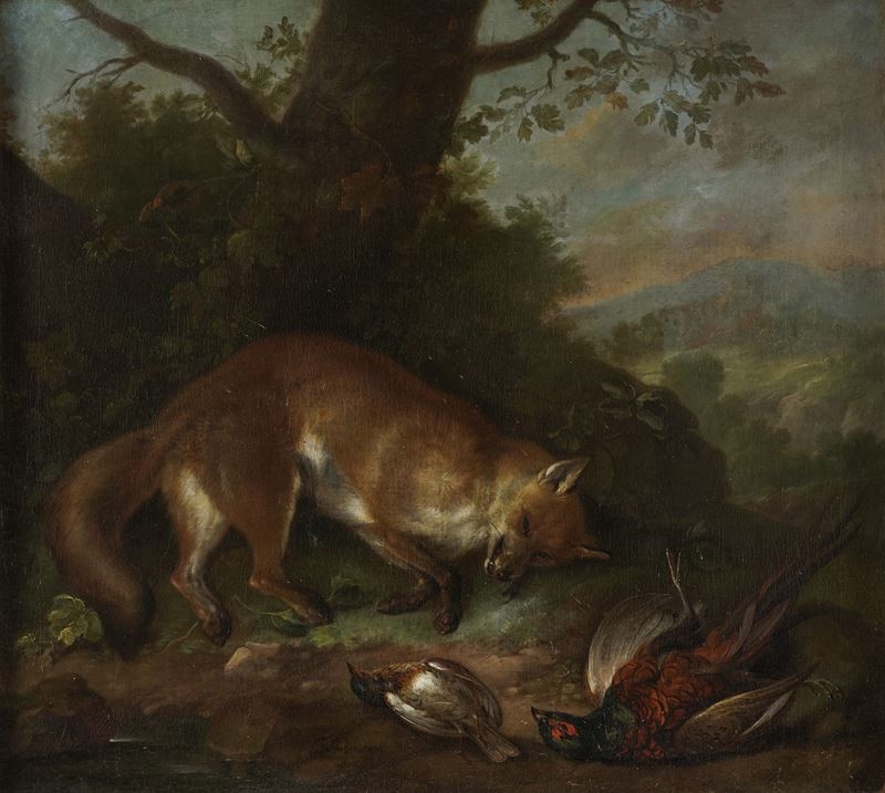 Franz Anton Grafenstein : Natura morta con cacciagione e volpe  - olio su tela - Asta Dipinti Antichi - Cambi Casa d'Aste