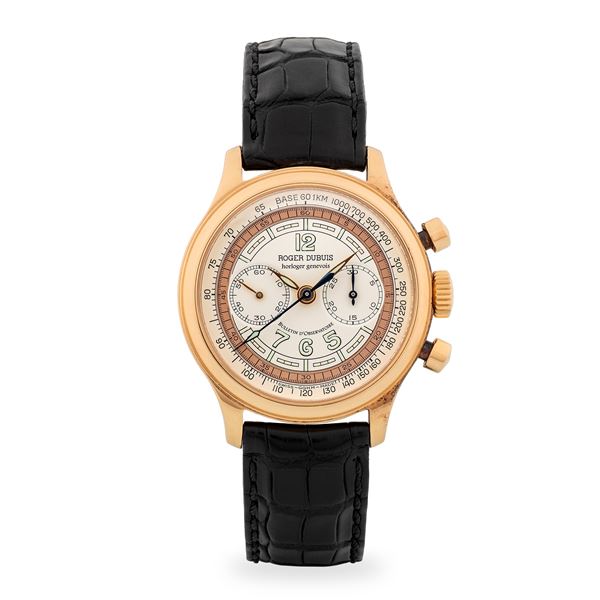 Roger Dubuis - Hommage Chronograph ref. H37 in oro rosa 18k con fondello a vista, quadrante bitonale a settori, con scatola originale, circa 1995