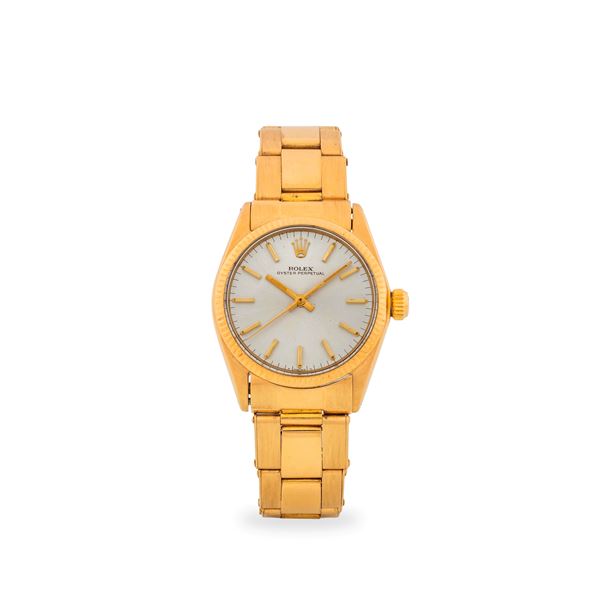 Oyster Perpetual ref. 6551 in oro giallo 18k, quadrante argentè Soleil con indici a bastone applicati, circa 1964