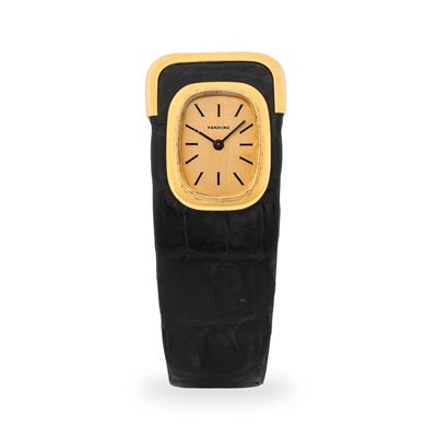 Cuff Watch Duoplan in oro giallo 18k con quadrante champagne firmato “Faraone”, circa 1960