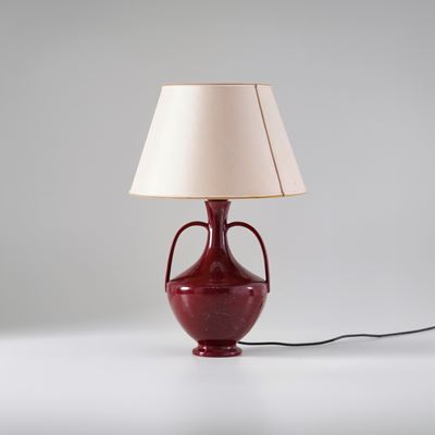 Lampada da tavolo in ceramica smaltata con paralume in tessuto