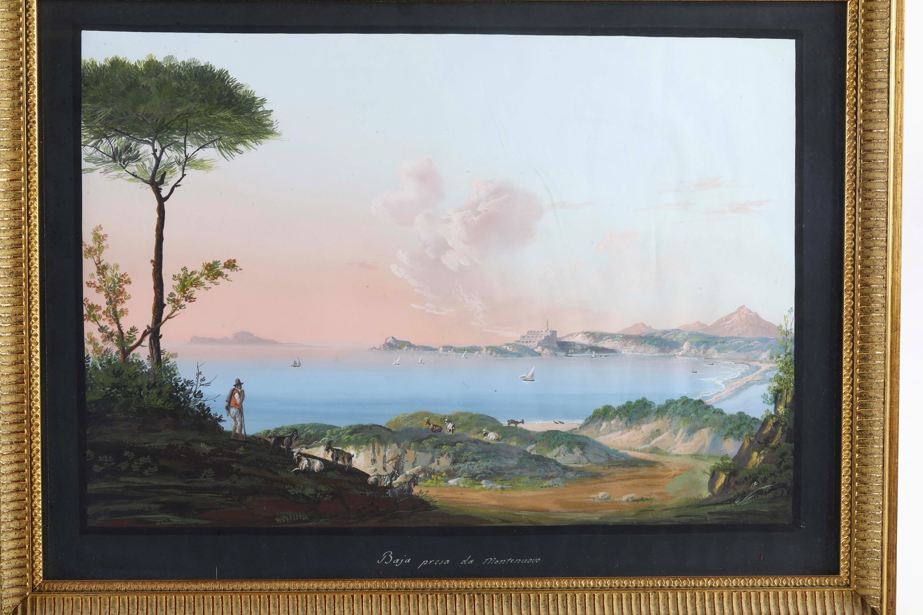 Pittore del XIX secolo, Veduta di Pompei e del golfo di Napoli da Monte Nuovo, due gouaches su ca...