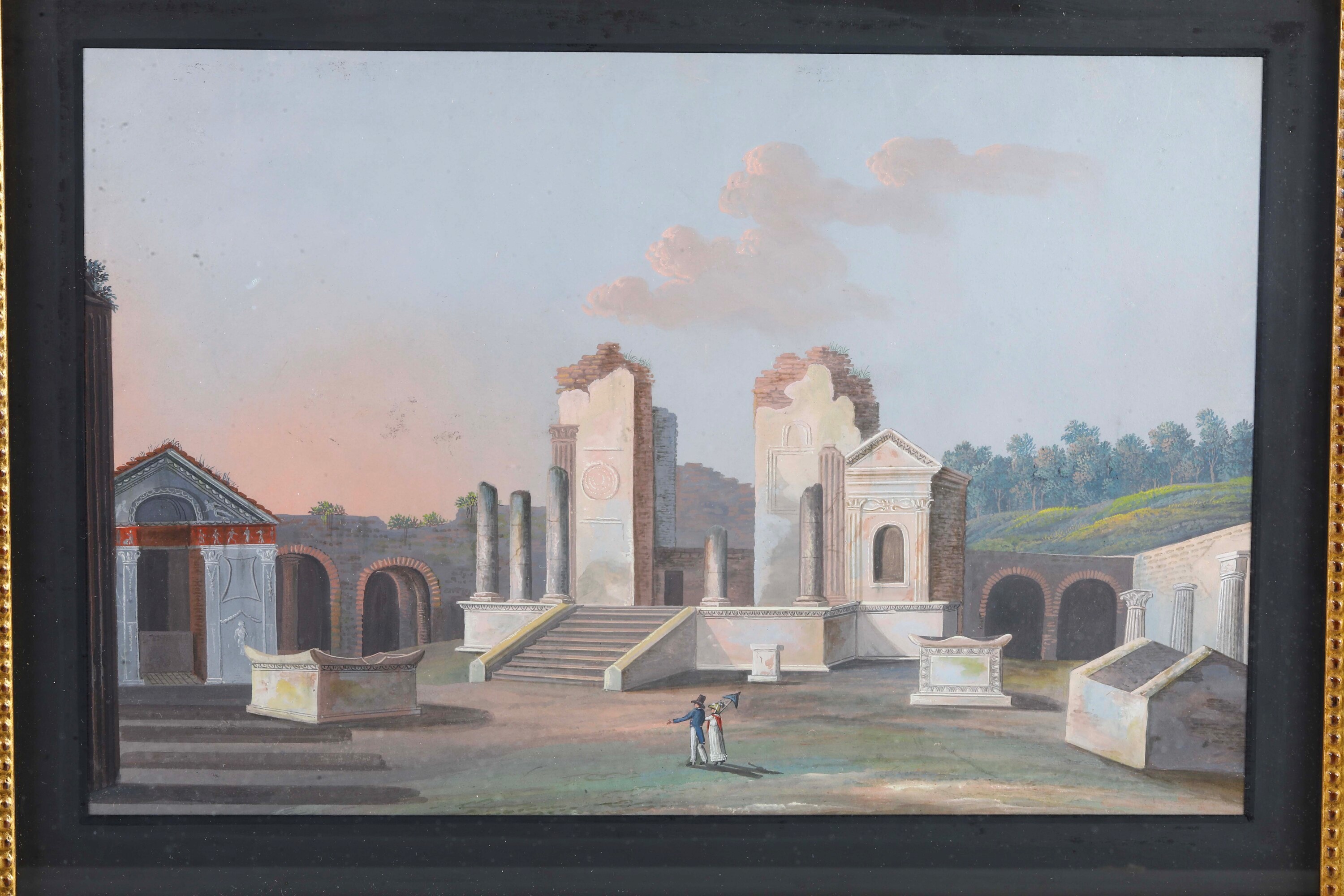 Pittore del XIX secolo, Veduta di Pompei e del golfo di Napoli da Monte Nuovo, due gouaches su ca...