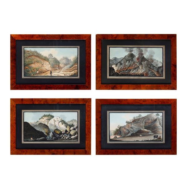 Pittore del XIX secolo Vedute della fumarola di Pisciarelli, scorcio da Posillipo, scorcio del cratere del Vesuvio e del cono di Astruni