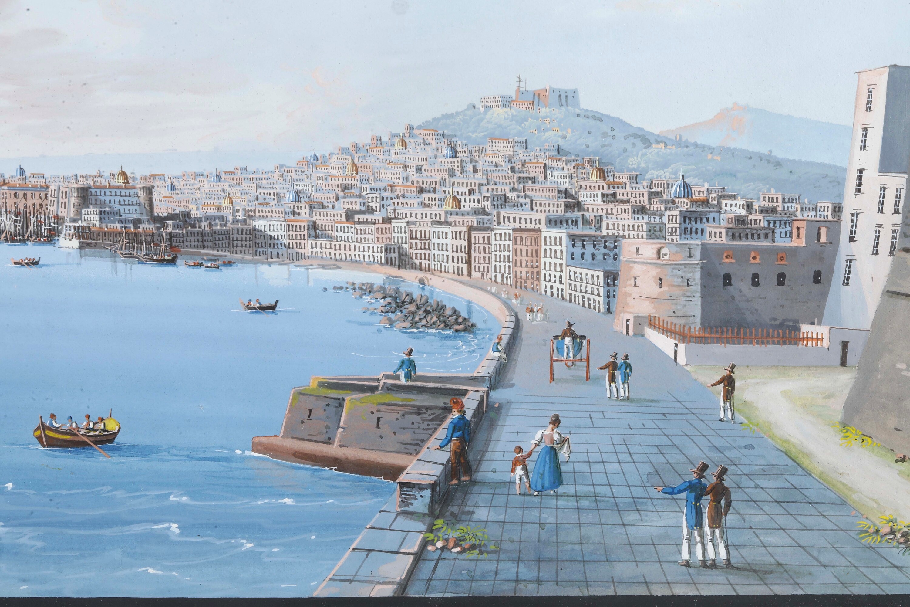 Pittore del XIX secolo, Veduta di Napoli dal Carmine, gouache su carta