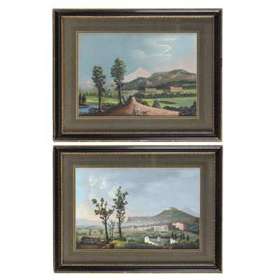 Pittore del XIX secolo, Vedute di Napoli e Paestum, due gouaches su carta
