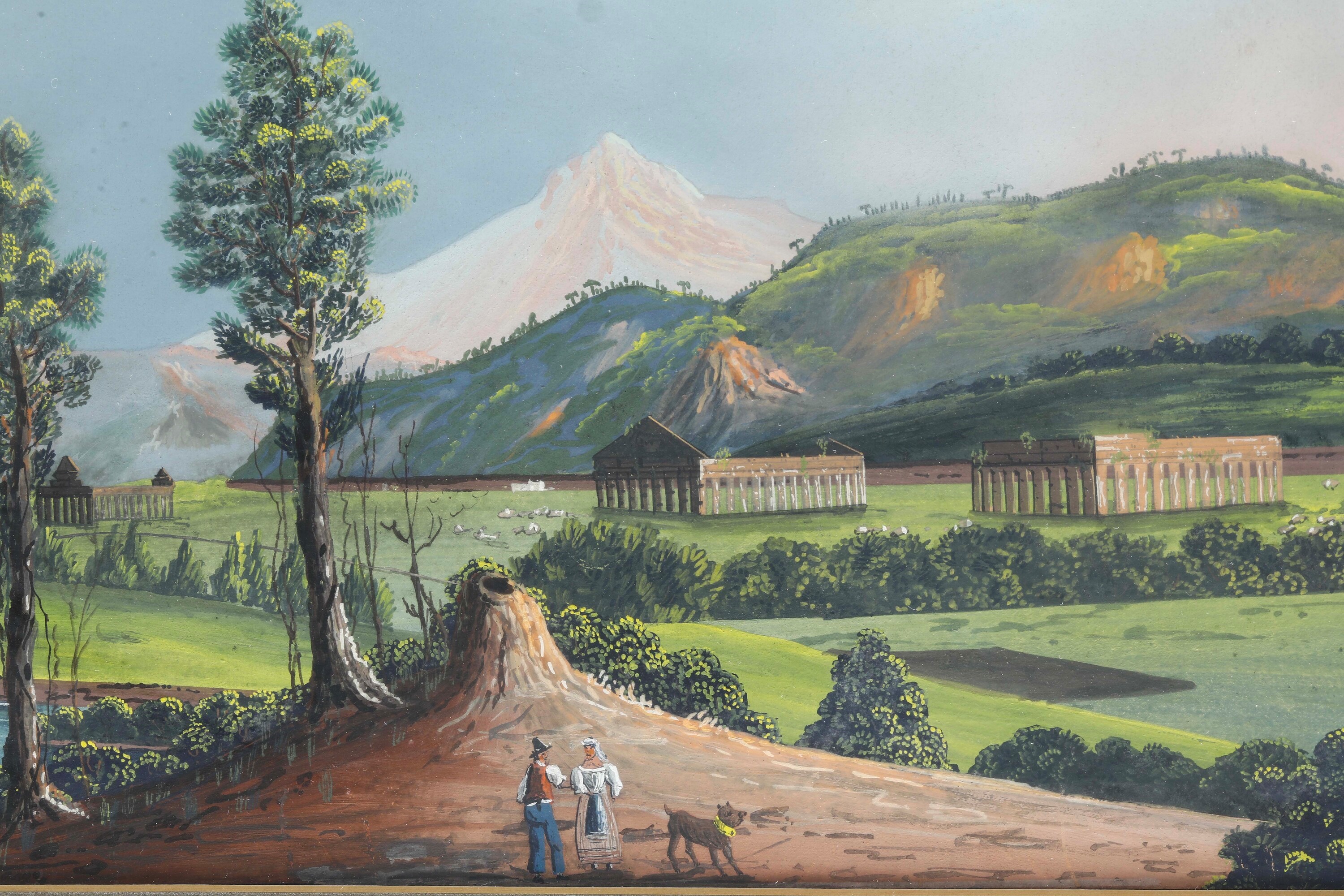 Pittore del XIX secolo, Vedute di Napoli e Paestum, due gouaches su carta