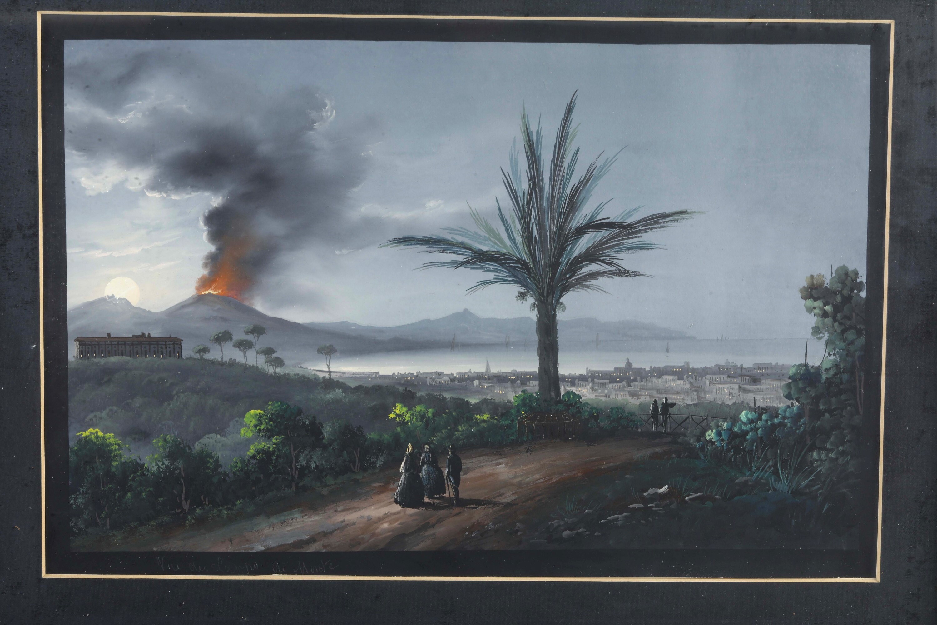 Pittore del XIX secolo, Veduta dei Camaldoli e del Vesuvio in eruzione, tre gouaches su carta