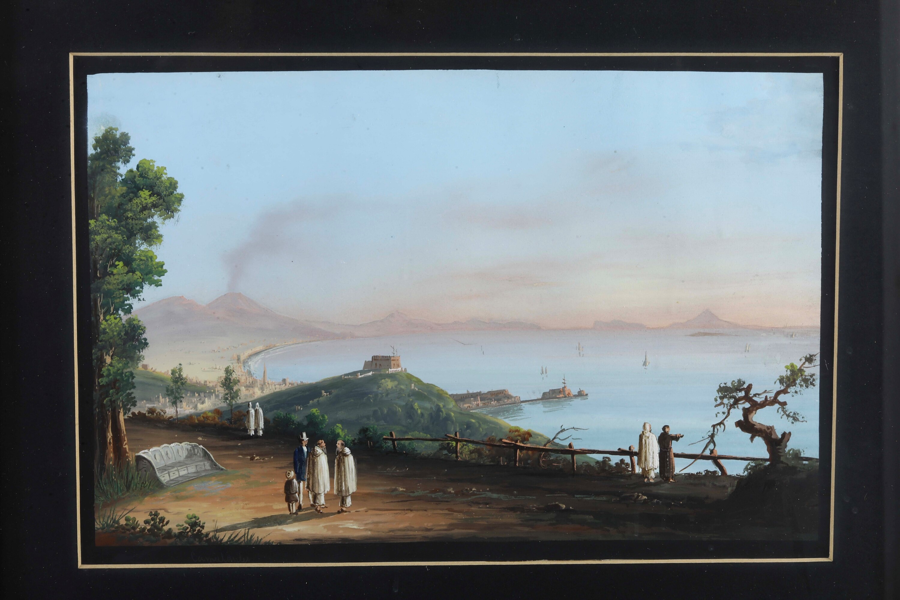 Pittore del XIX secolo, Veduta dei Camaldoli e del Vesuvio in eruzione, tre gouaches su carta