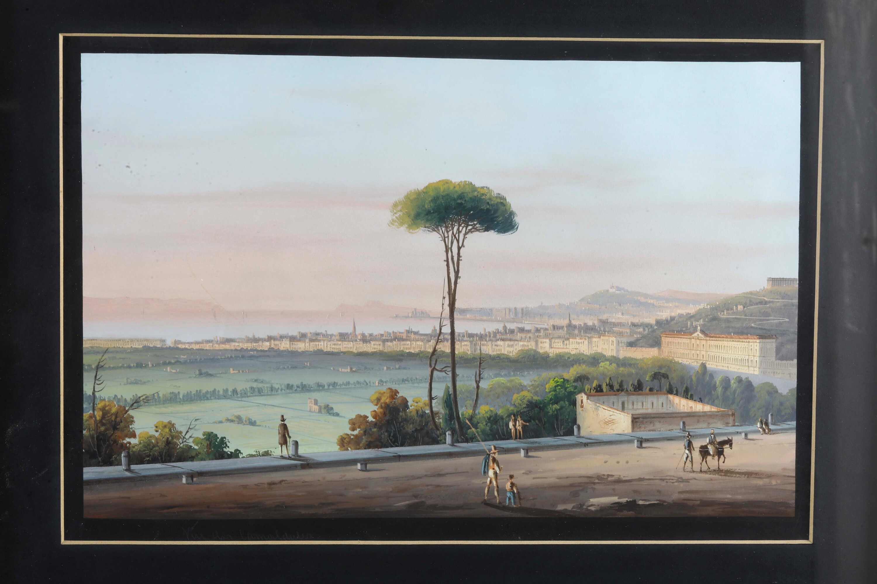 Pittore del XIX secolo, Veduta dei Camaldoli e del Vesuvio in eruzione, tre gouaches su carta