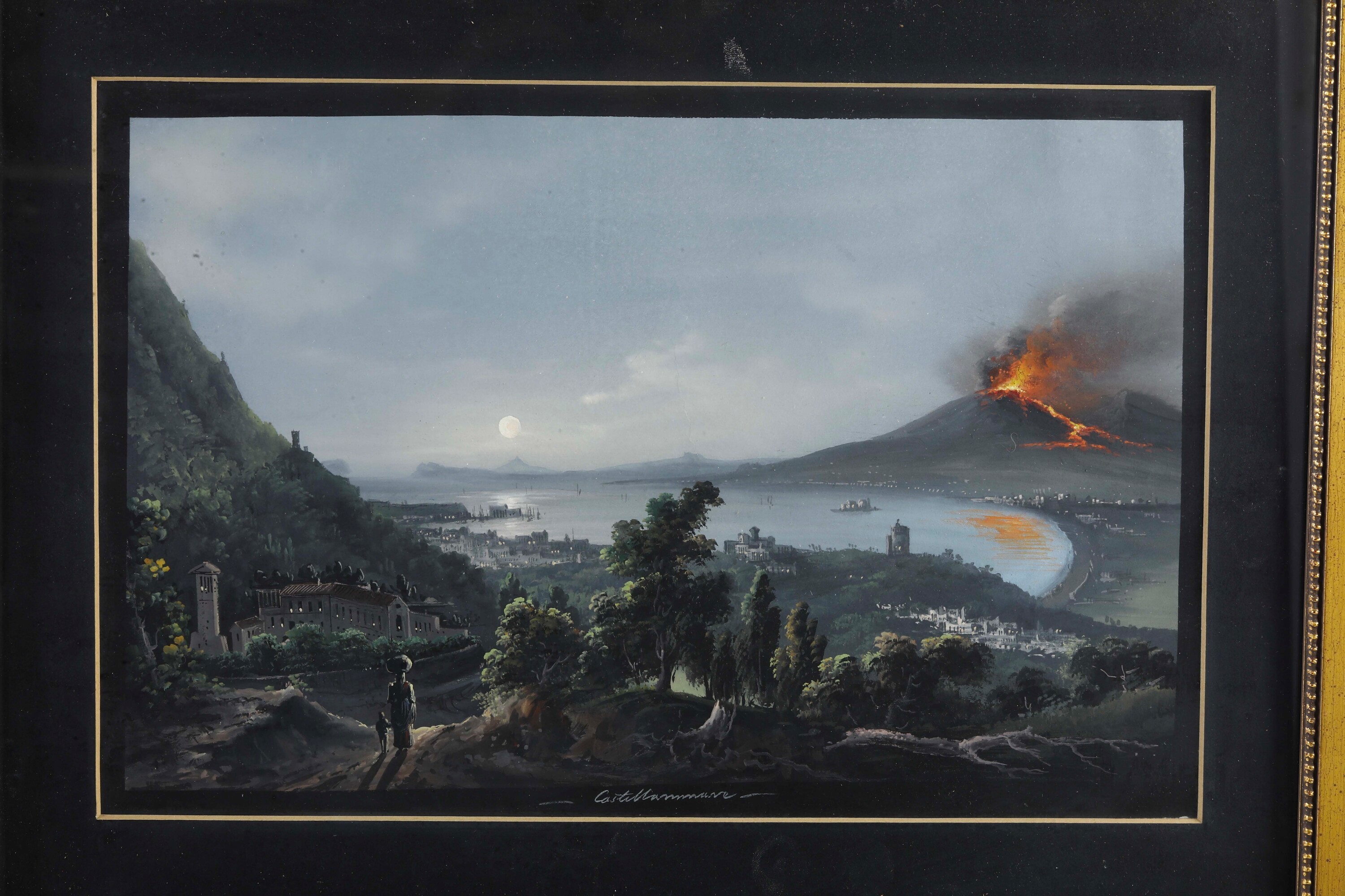 Pittore del XIX secolo, Veduta di Sorrento e due notturni con Vesuvio in eruzione