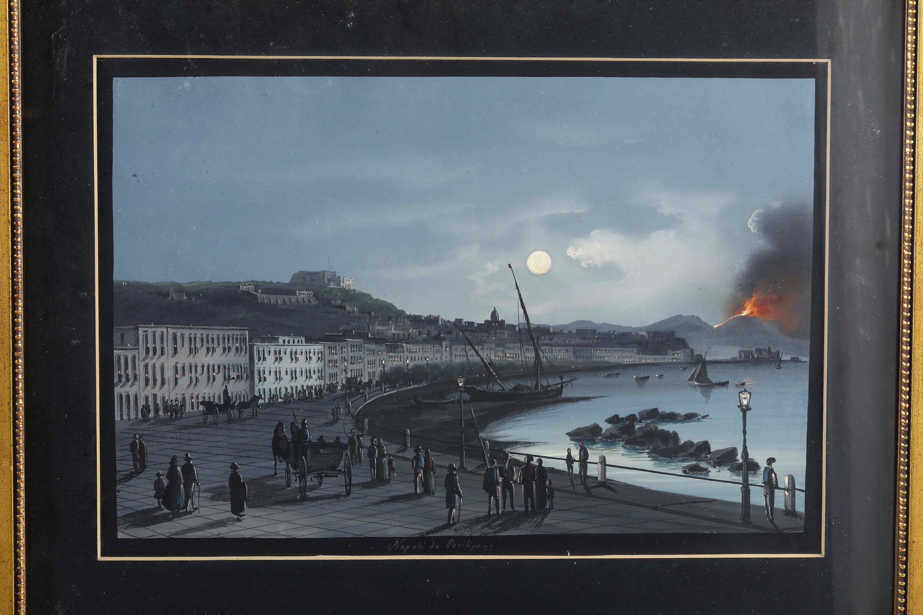 Pittore del XIX secolo, Veduta di Sorrento e due notturni con Vesuvio in eruzione