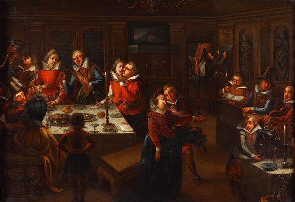 Scuola olandese del XVII secolo Scena di interno con banchetto