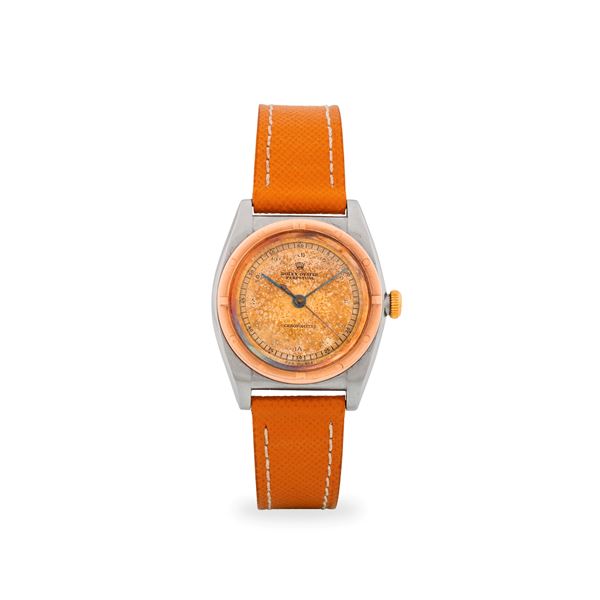 Oyster Perpetual Ovetto ref. 3372 in acciaio e oro rosa, quadrante salmone con patina, circa 1954