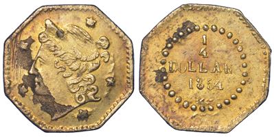 Stati Uniti d’America, Token 1/4 Dollaro 1854 (Californy), bronzo dorato
