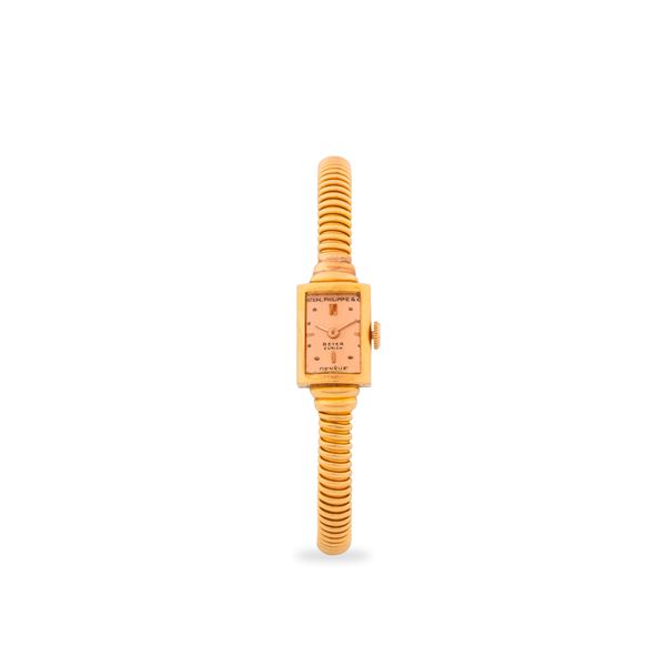 Raffinato Cocktail Watch in oro rosa 18k con bracciale tubogas e vetro bombato, quadrante salmone firmato 