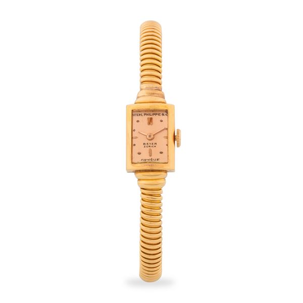 Patek Philippe - Raffinato Cocktail Watch in oro rosa 18k con bracciale tubogas e vetro bombato, quadrante salmone firmato "Beyer Zurich" con indici applicati, circa 1920