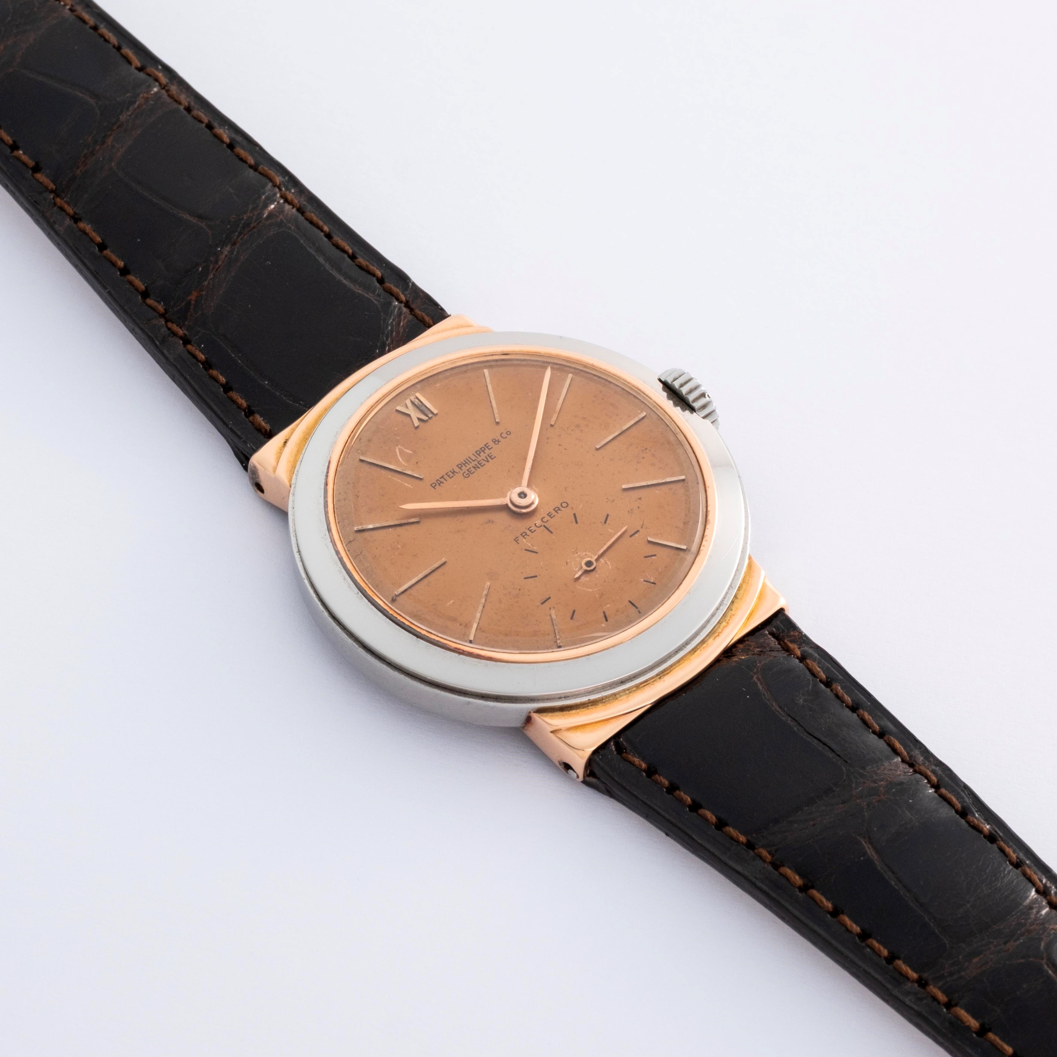 Patek Philippe - Hooded Lugs ref. 544 in acciaio e oro rosa, quadrante rosa firmato Freccero (cir...