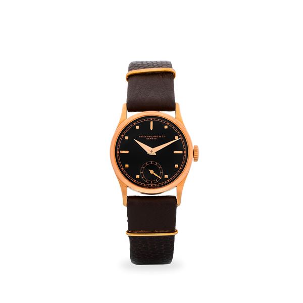 Raro Calatrava ref. 96 in oro rosa 18k, quadrante nero lucido con piccoli secondi al sei, minuteria Chemin de Fer e lancette Dauphine, circa 1938