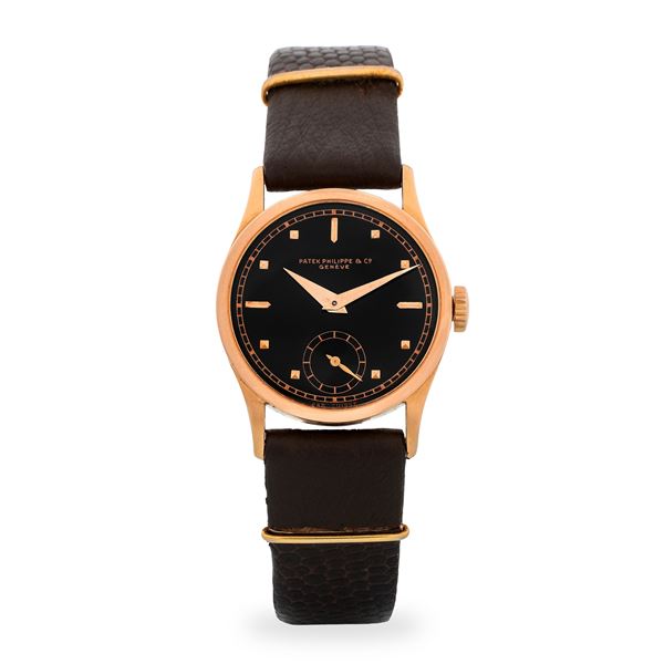 Patek Philippe - Raro Calatrava ref. 96 in oro rosa 18k, quadrante nero lucido con piccoli secondi al sei, minuteria Chemin de Fer e lancette Dauphine, circa 1938