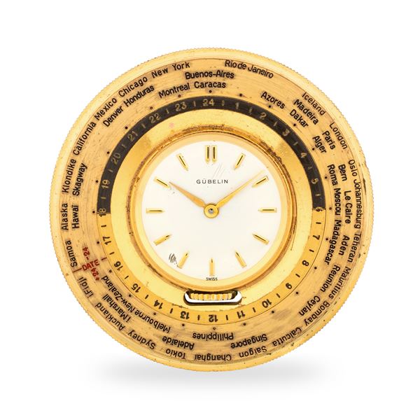 Gübelin - Orologio da tasca in ottone dorato con indicazione delle ore del mondo su ghiera girevole esterna, circa 1960