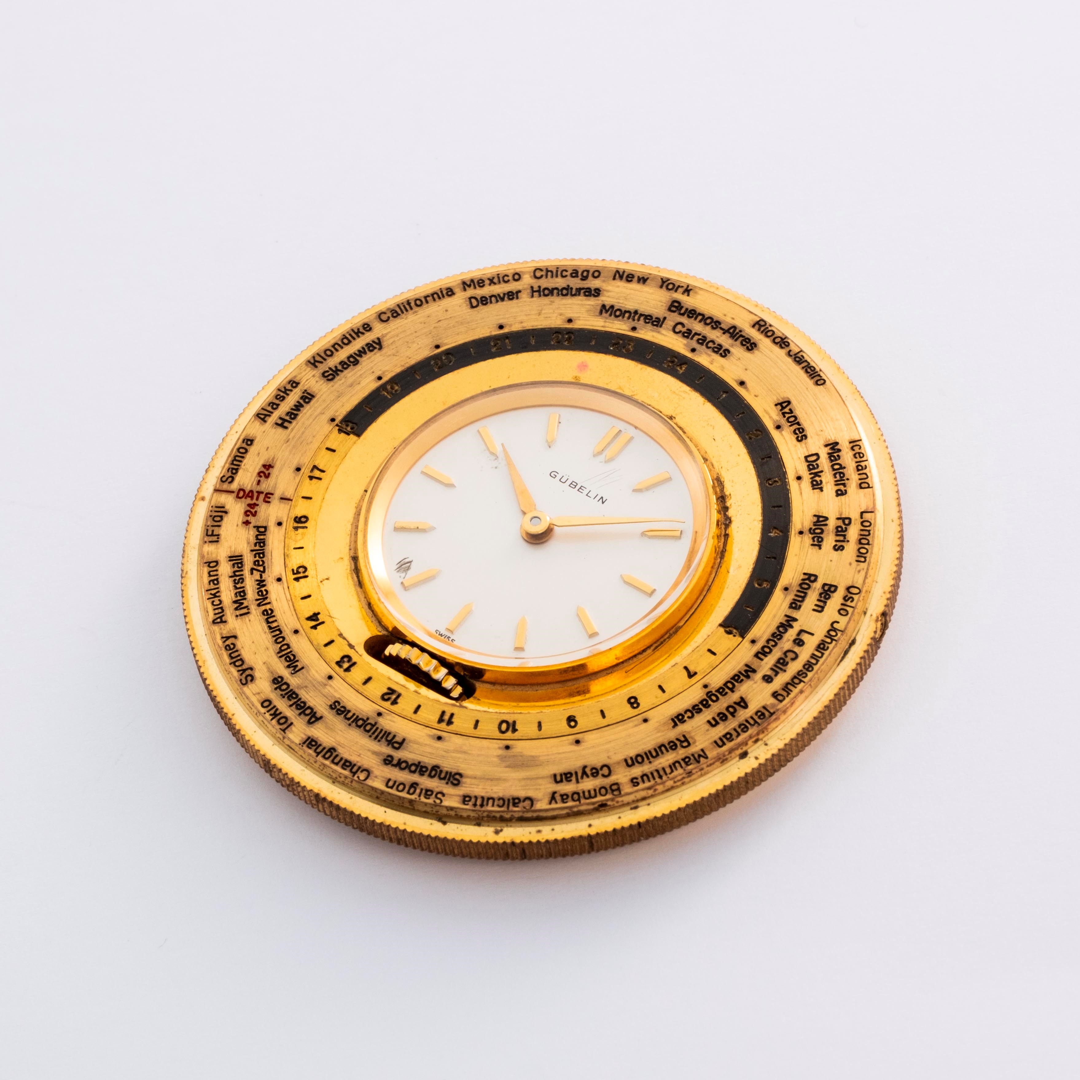 Gübelin - Orologio da tasca “Ore del Mondo” con ghiera girevole esterna, ottone dorato