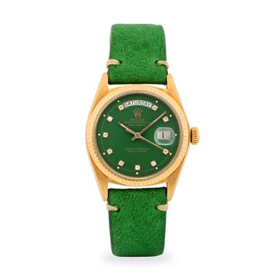 Day-Date ref. 1803, oro giallo 18k, quadrante verde con indici in diamanti (circa 1973)