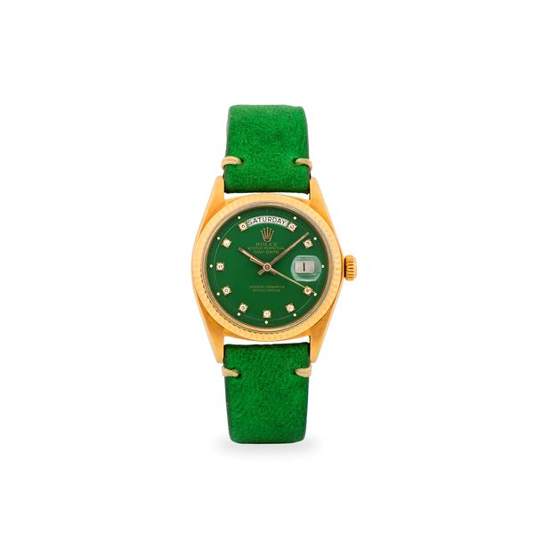 Day-Date ref. 1803 in oro giallo 18k, quadrante verde con indici con diamanti, circa 1973