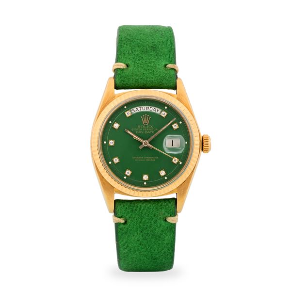 Rolex - Day-Date ref. 1803 in oro giallo 18k, quadrante verde con indici con diamanti, circa 1973