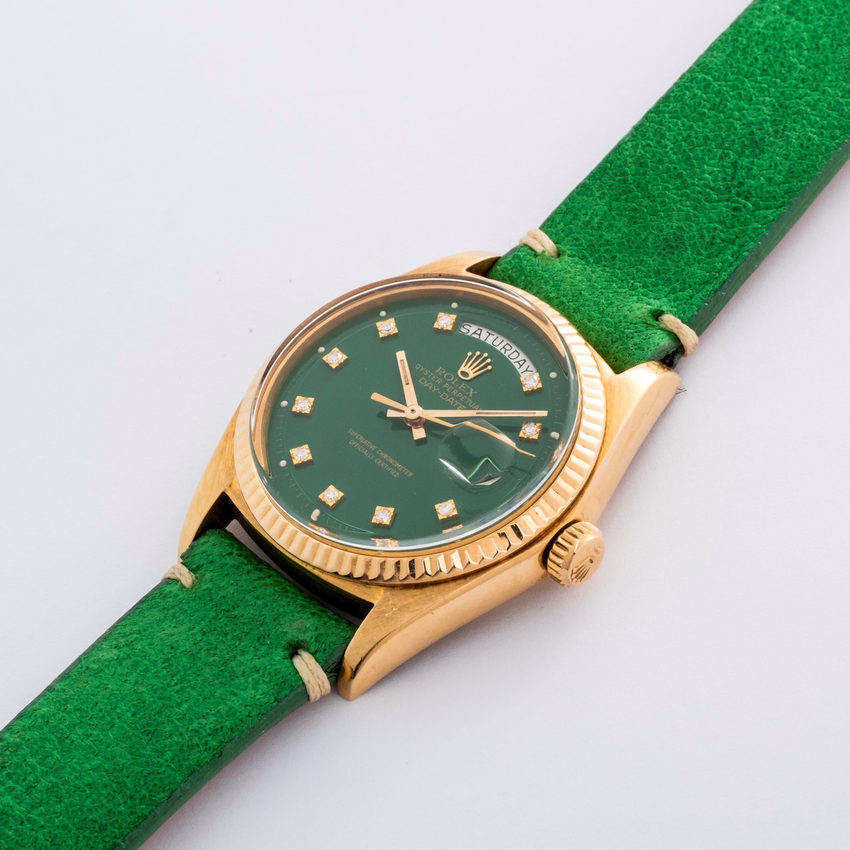 Rolex - Day-Date ref. 1803, oro giallo 18k, quadrante verde con indici in diamanti (circa 1973)