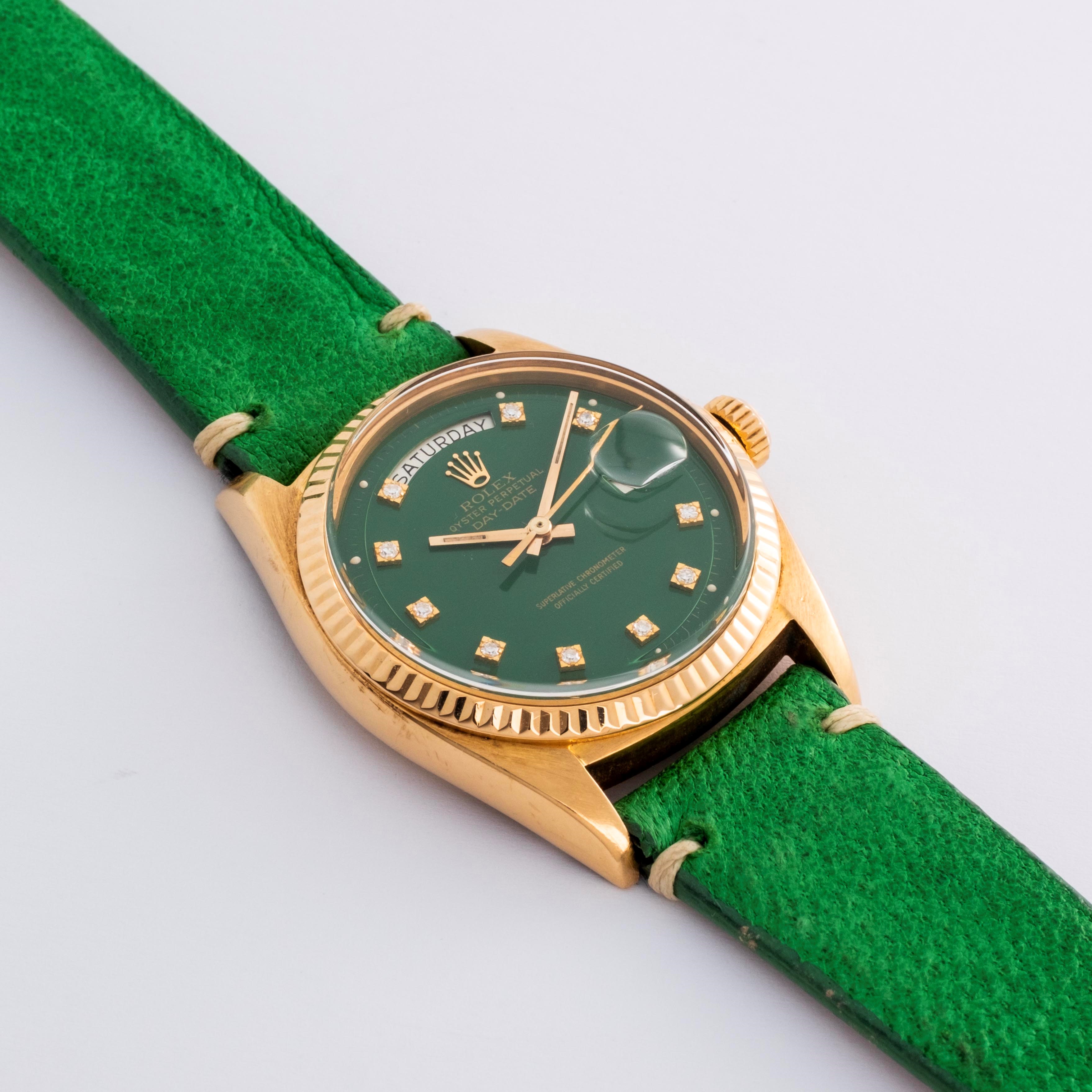 Rolex - Day-Date ref. 1803, oro giallo 18k, quadrante verde con indici in diamanti (circa 1973)