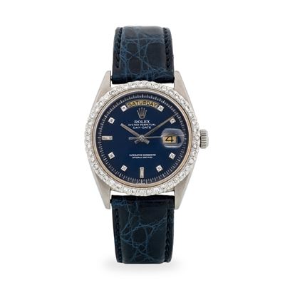 Day-Date ref. 1803, oro bianco 18k con ghiera in brillanti e quadrante blu, circa 1966