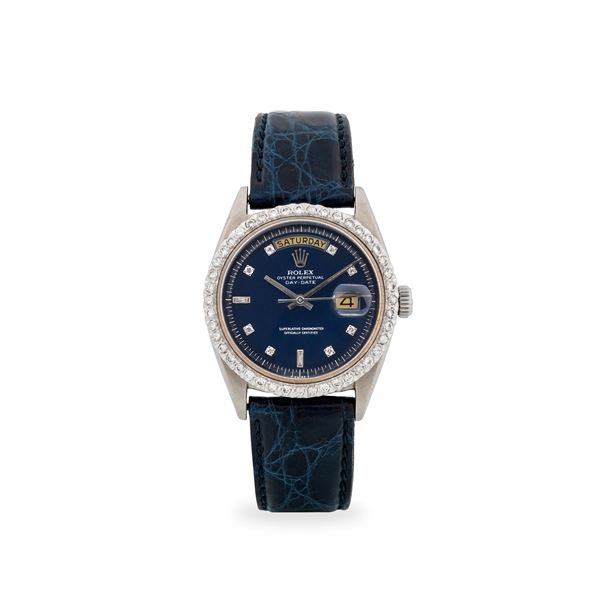 Day-Date ref. 1803 in oro bianco 18k e ghiera con brillanti, quadrante blu con indici diamanti, circa 1966