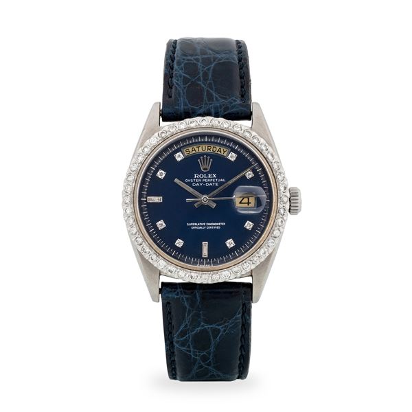 Rolex - Day-Date ref. 1803 in oro bianco 18k e ghiera con brillanti, quadrante blu con indici diamanti, circa 1966