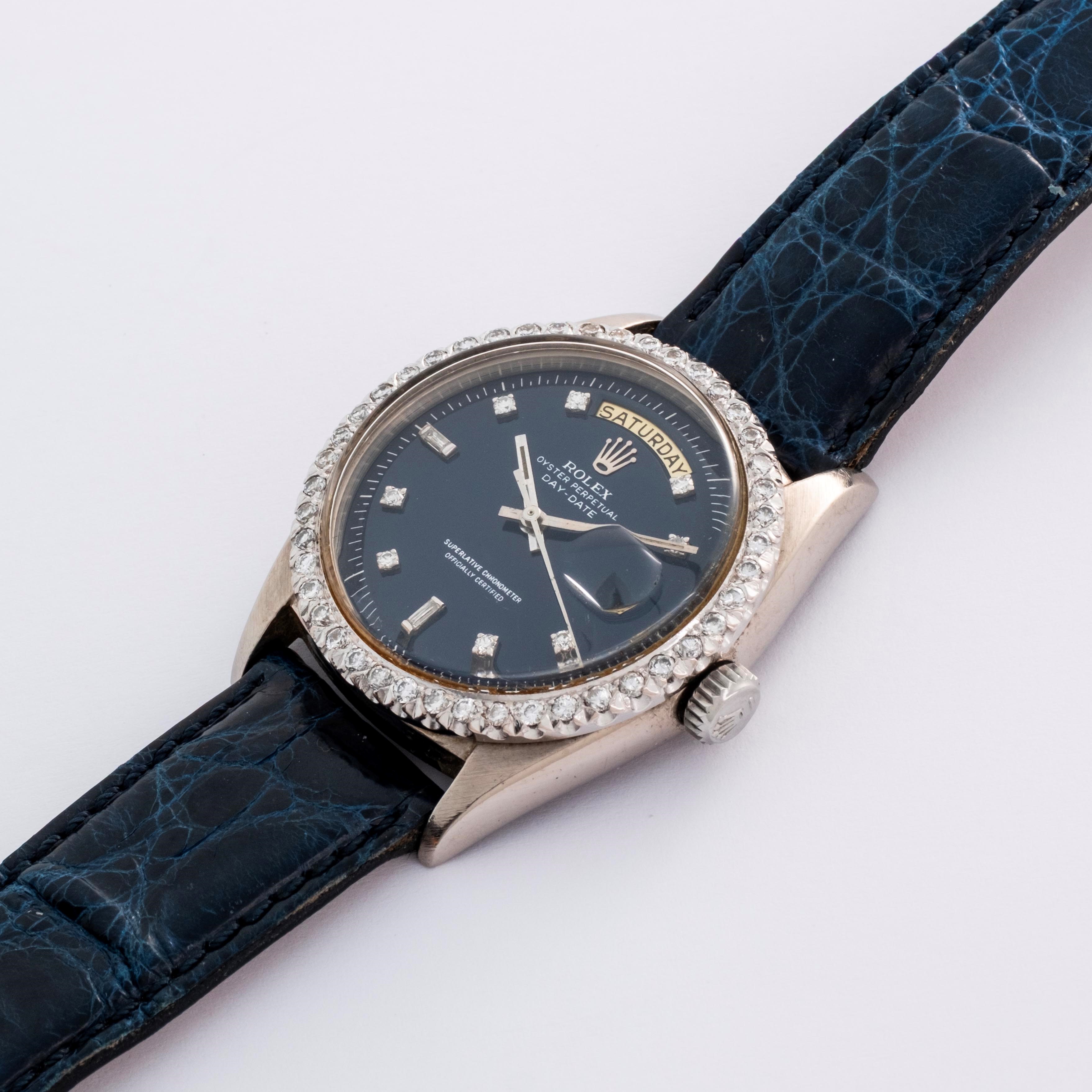 Rolex - Day-Date ref. 1803, oro bianco 18k con ghiera in brillanti e quadrante blu, circa 1966