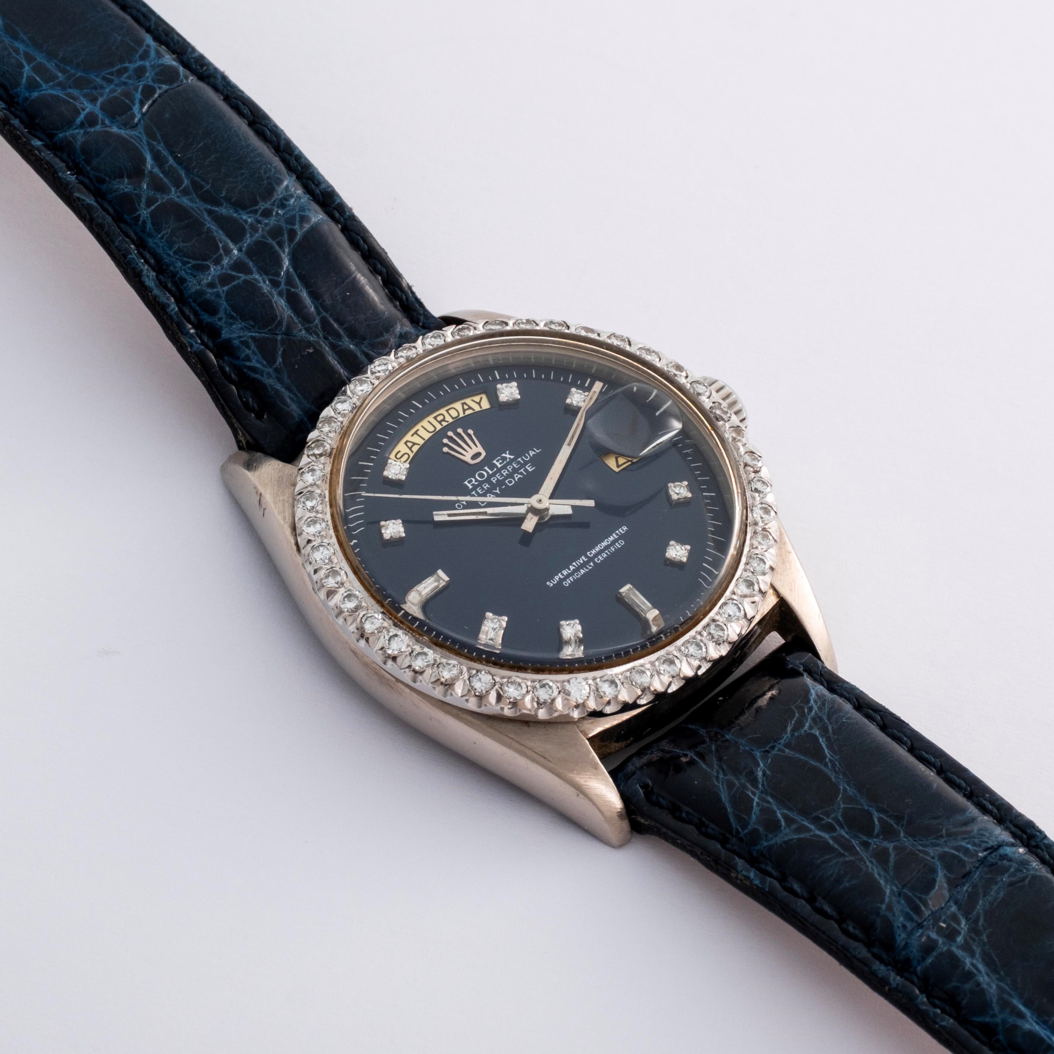 Rolex - Day-Date ref. 1803, oro bianco 18k con ghiera in brillanti e quadrante blu, circa 1966