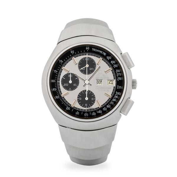 Omega - Speedsonic Chronometer "Lobster" ref. 188.0001 in acciaio con bracciale integrato e tasti rettangolari, quadrante grigio specchiato con contatori datario al tre, circa 1974
