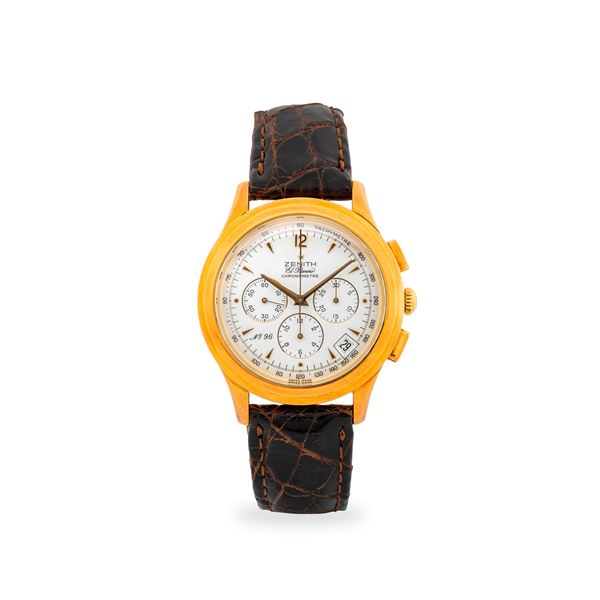 El Primero in oro giallo 18k con tasti rettangolari, quadrante bianco con contatori e datario, esemplare 96/500, con garanzia originale, circa 1990