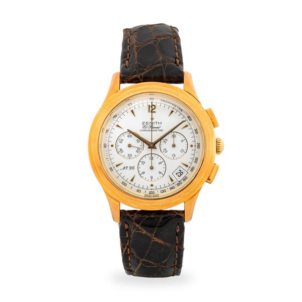 Zenith - El Primero in oro giallo 18k con tasti rettangolari, quadrante bianco con contatori e datario, esemplare 96/500, con garanzia originale, circa 1990
