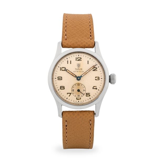 Tudor - Oyster "Rose in Shield" ref. 4453 in acciaio, quadrante argentè con piccoli secondi al sei e lancette a gladio, circa 1940