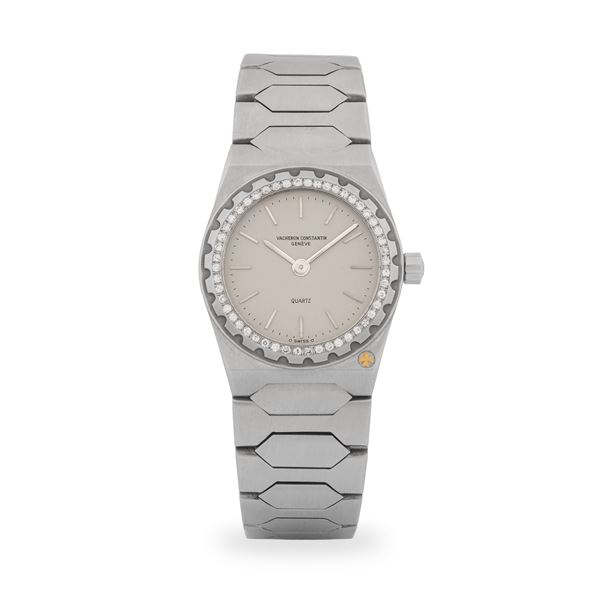 Vacheron &amp; Constantin - Elegante Lady 222 ref. 60501/411 in acciaio e diamanti, quadrante grigio con indici a bastone, con scatola e garanzia, circa 1980