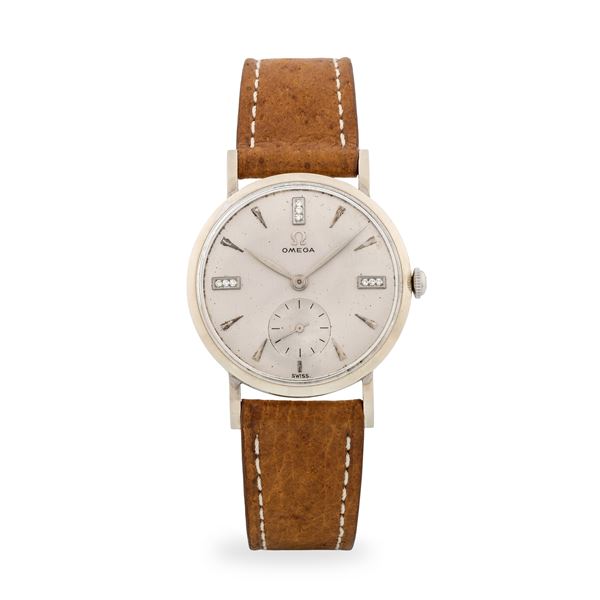 Omega - Solo tempo ref. N 6555 in oro bianco 18k, quadrante argentè con indici in diamanti e piccoli secondi al sei, circa 1956