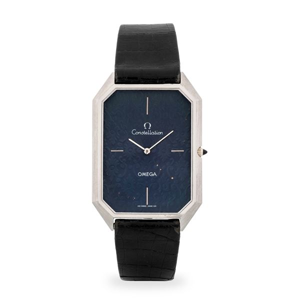 Omega - Constellation di forma ottagonale ref. 111104 in oro bianco 18k, quadrante blu damascato, circa 1970