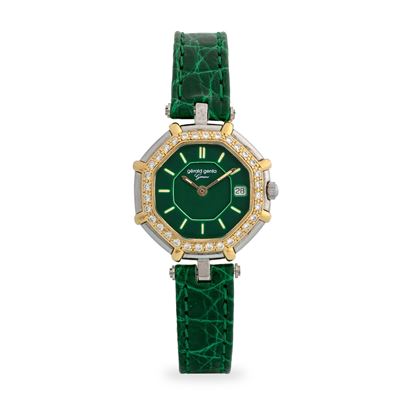 Genta ref. G 2851.7 in acciaio, oro giallo e brillanti, quadrante verde con datario (ca. 1990)