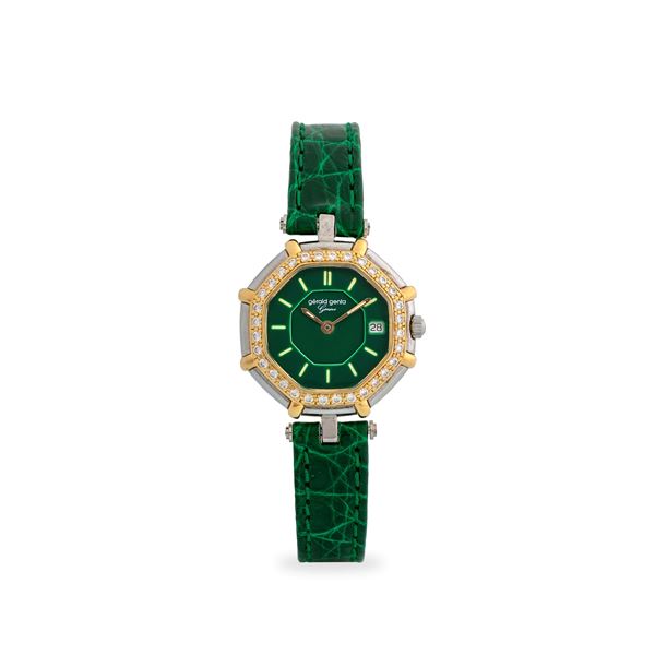 Genta ref. G 2851.7 in acciaio, oro giallo e brillanti, quadrante verde con datario al tre, circa 1990
