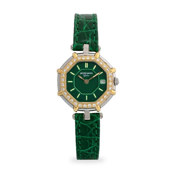 Gerald Genta - Genta ref. G 2851.7 in acciaio, oro giallo e brillanti, quadrante verde con datario al tre, circa 1990