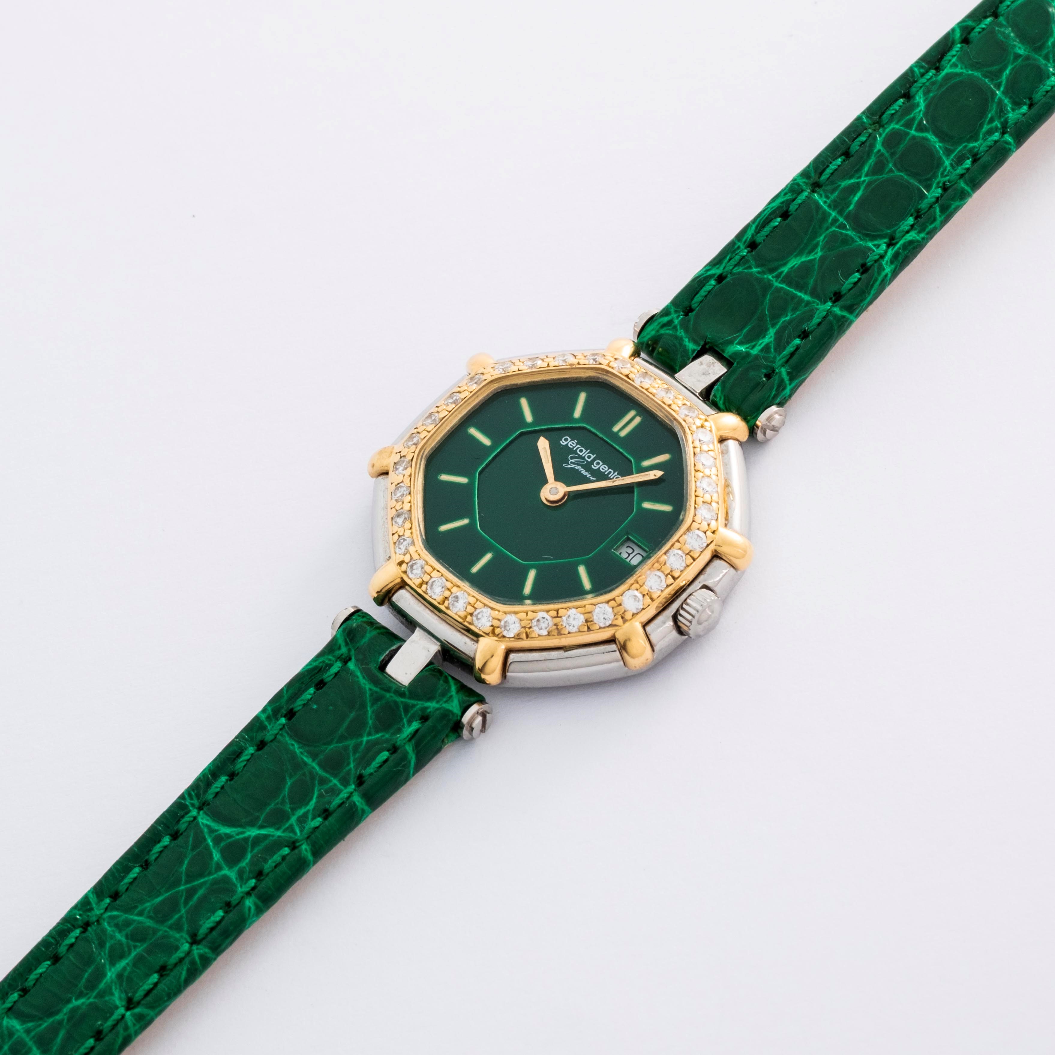 Gerald Genta - Genta ref. G 2851.7 in acciaio, oro giallo e brillanti, quadrante verde con datari...