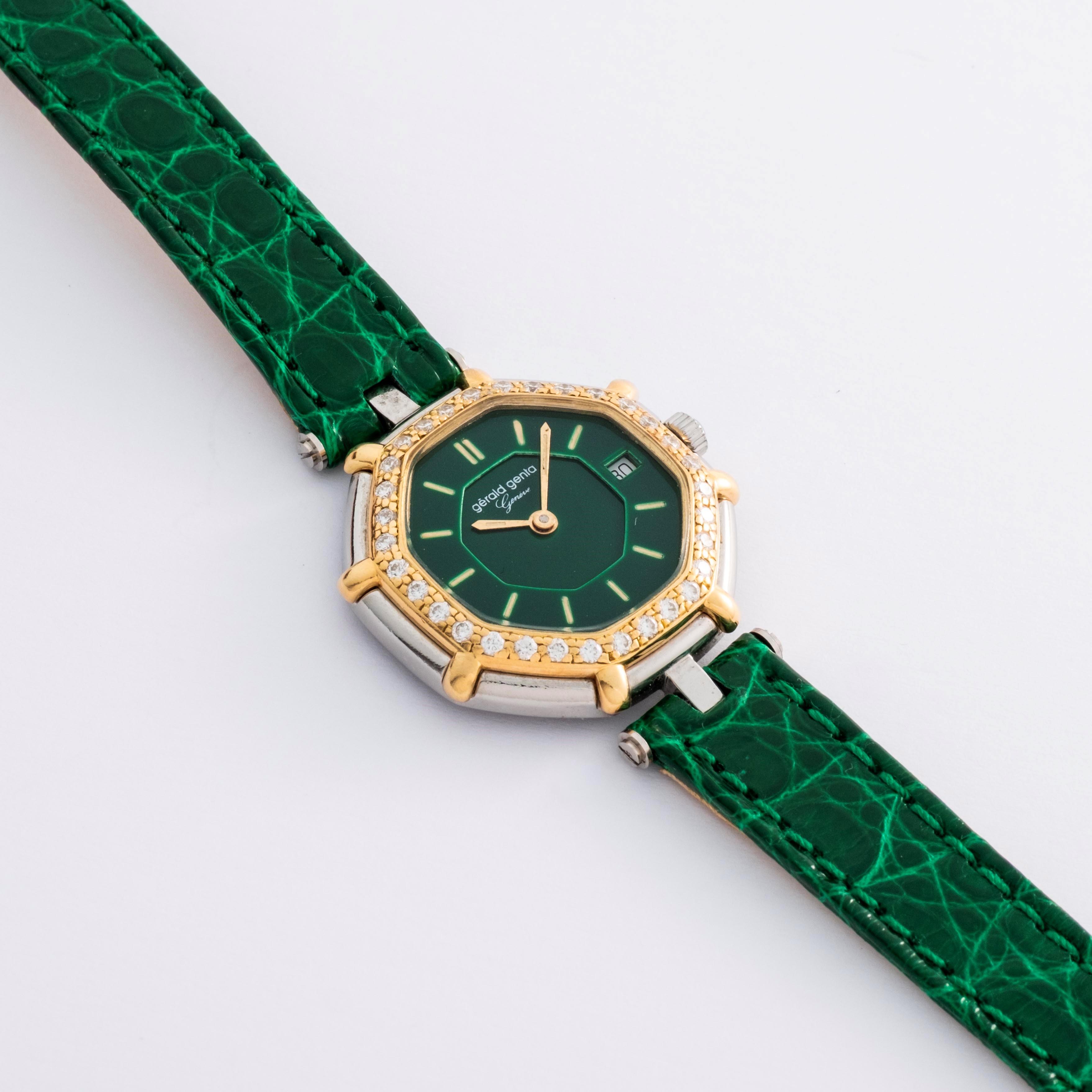 Gerald Genta - Genta ref. G 2851.7 in acciaio, oro giallo e brillanti, quadrante verde con datari...