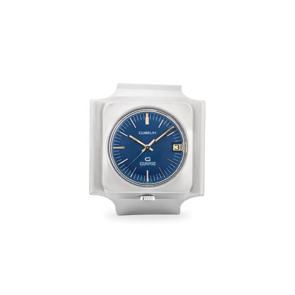 Eclettico Cuff Watch ref. G 0710 in acciaio con bracciale integrato, quadrante blu Soleil con datario al tre e indici a bastone, circa 1970